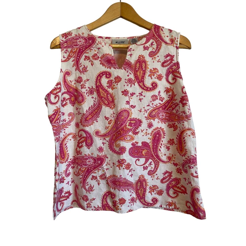 Units sleeveless linen top pink paisley sweetheart neckline breathable Size Lp